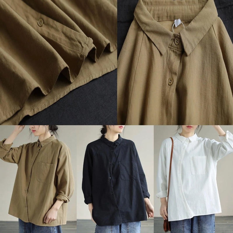 Organic White Tops Blouses Lapel Pockets Loose Spring Blouses