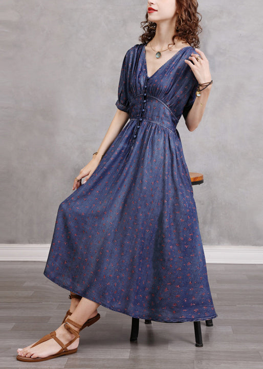 Modern Navy V Neck Button Elastic Waist Cotton Party Dress Short Sleeve