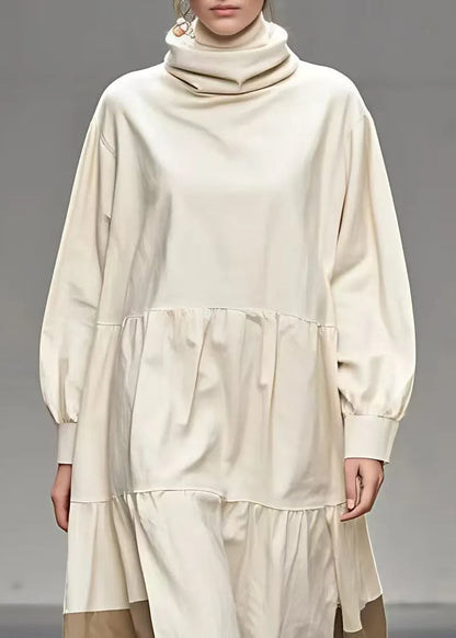 Beige Peter Pan Collar Patchwork Maxi Dress Fall