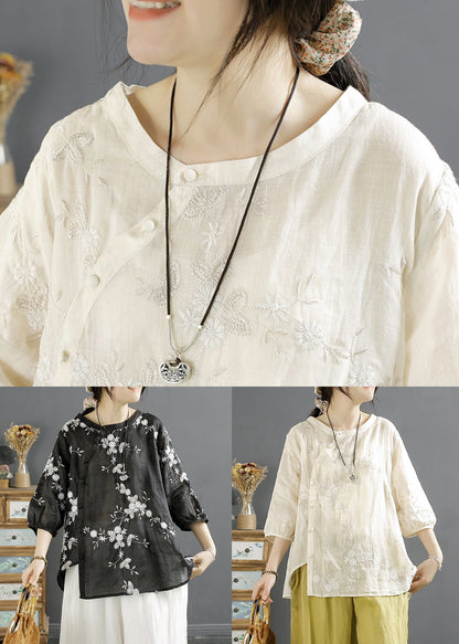 Beige Embroideried Button Linen Shirt Top Fall