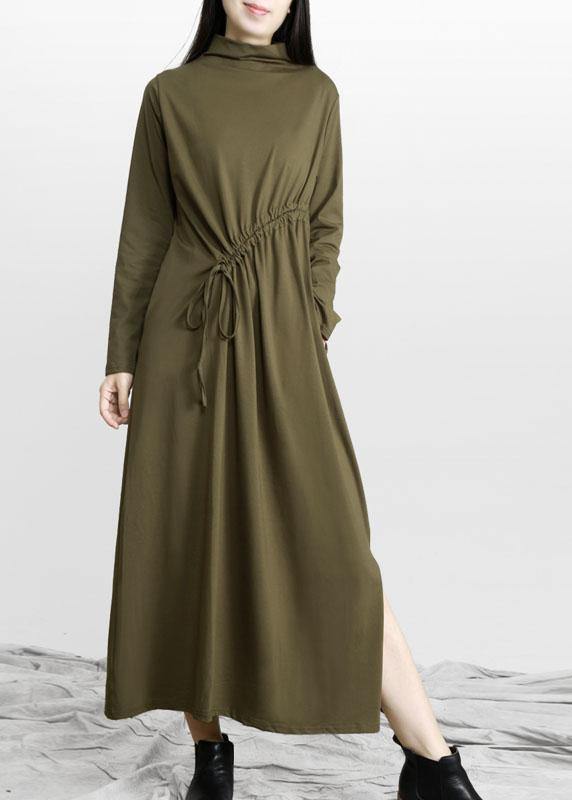 Comfy Army Green Drawstring Asymmetrical Design Side Open Dress Fall