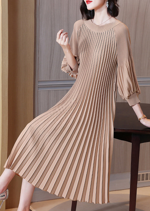 Khaki O-neck Tie Waist Maxi Dress Lantern Sleeve