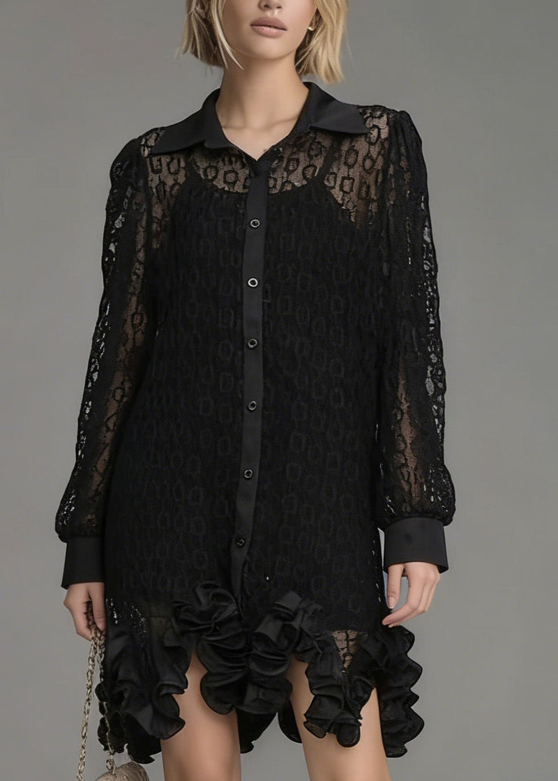 Black Peter Pan Collar Hollow Out Lace Shirt Tops Spring