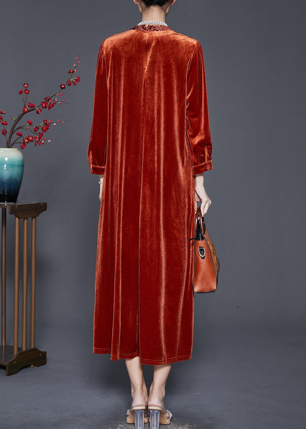 Caramel Oversized Patchwork Silk Velour Ankle Dress Spring