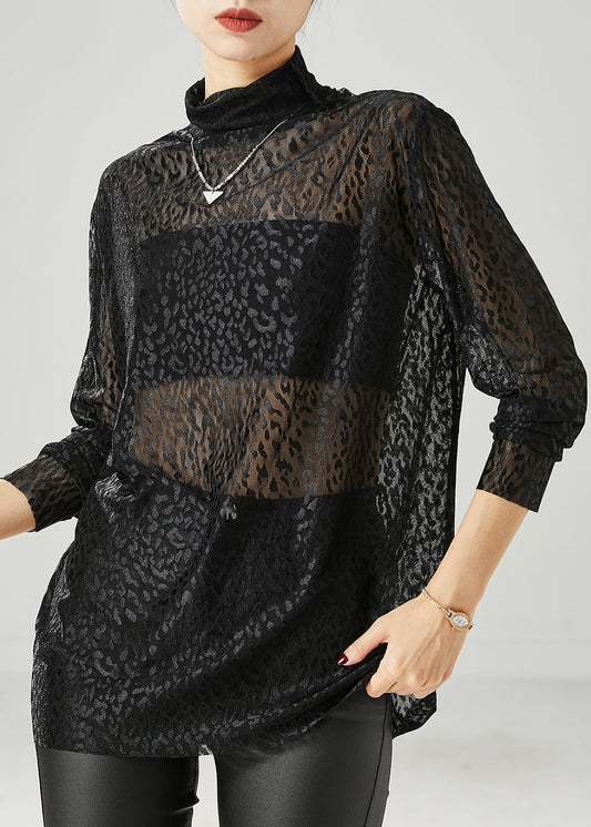 Black Turtle Neck Hollow Out Tulle Top Spring