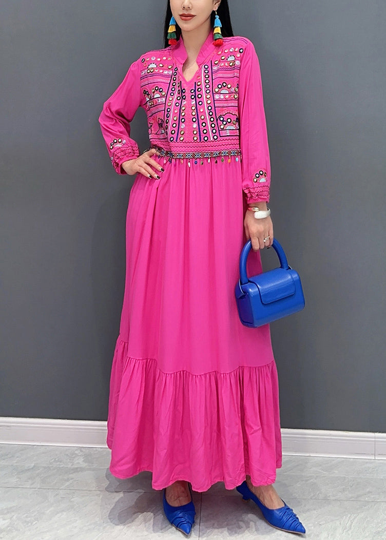 Rose Embroidered Patchwork Cotton Long Dresses Fall