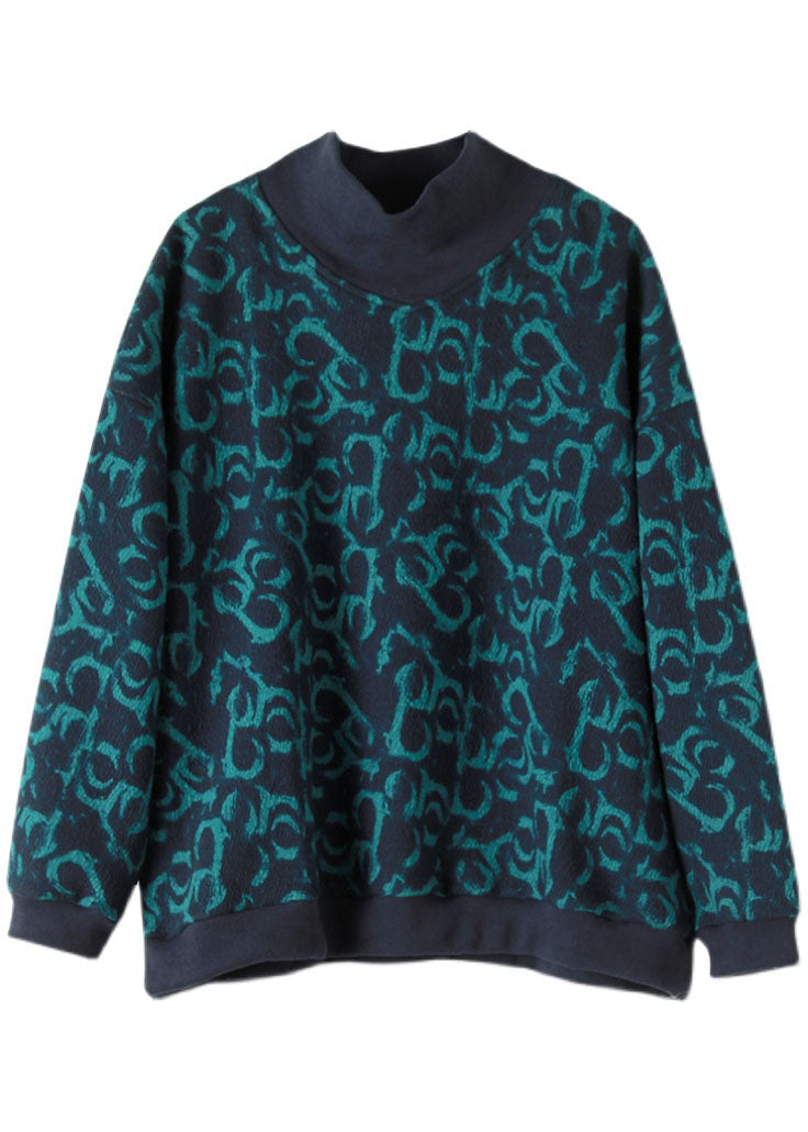 Navy Turtle Neck Print Warm Fleece Sweatshirts Top Spring