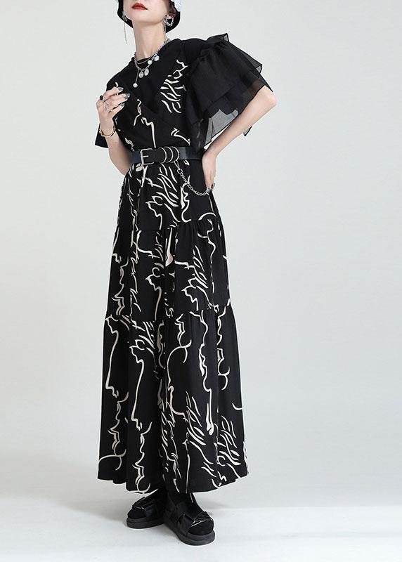 Black Print Asymmetrical Design a Line Dress Sleeveless