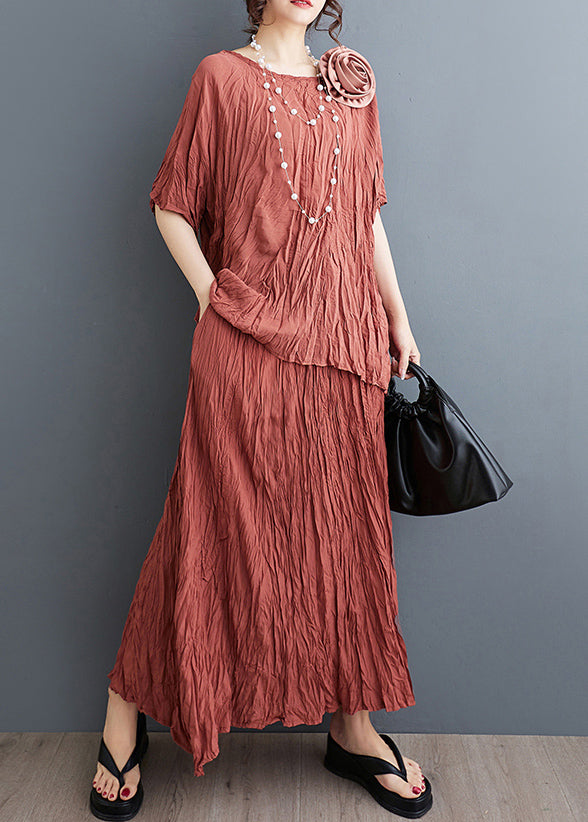 Art Brick Red Decorated Wrinkled Cotton 2 Piece Outfit Summer