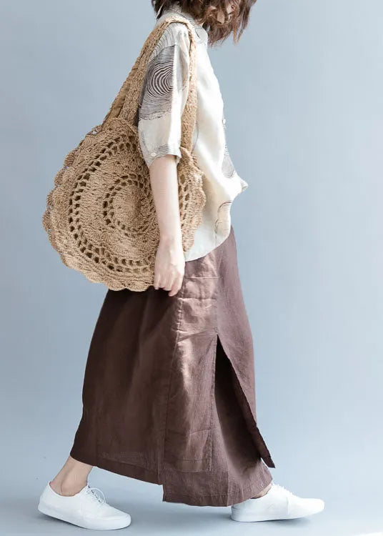 Chocolate Asymmetrical Side Open Linen Skirts Fall