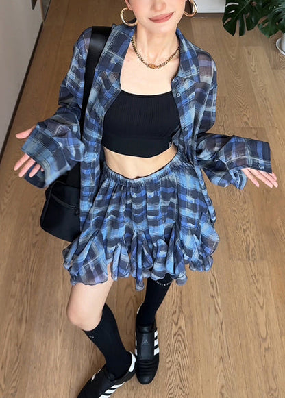 Modern Blue Oversized Plaid Chiffon Two Piece Set Outfits Summer