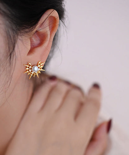 Original Design Sunflower Pearl Gold Plated Stud Earrings