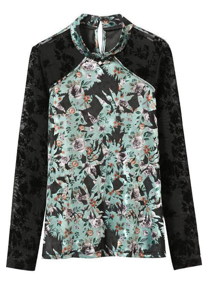 Colorblock Mandarin Collar Patchwork Silk Velour Shirt Top Long Sleeve