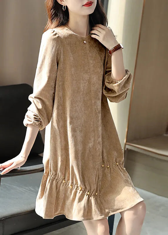 Khaki Wrinkled Nail Bead Velour Mid Dresses Spring