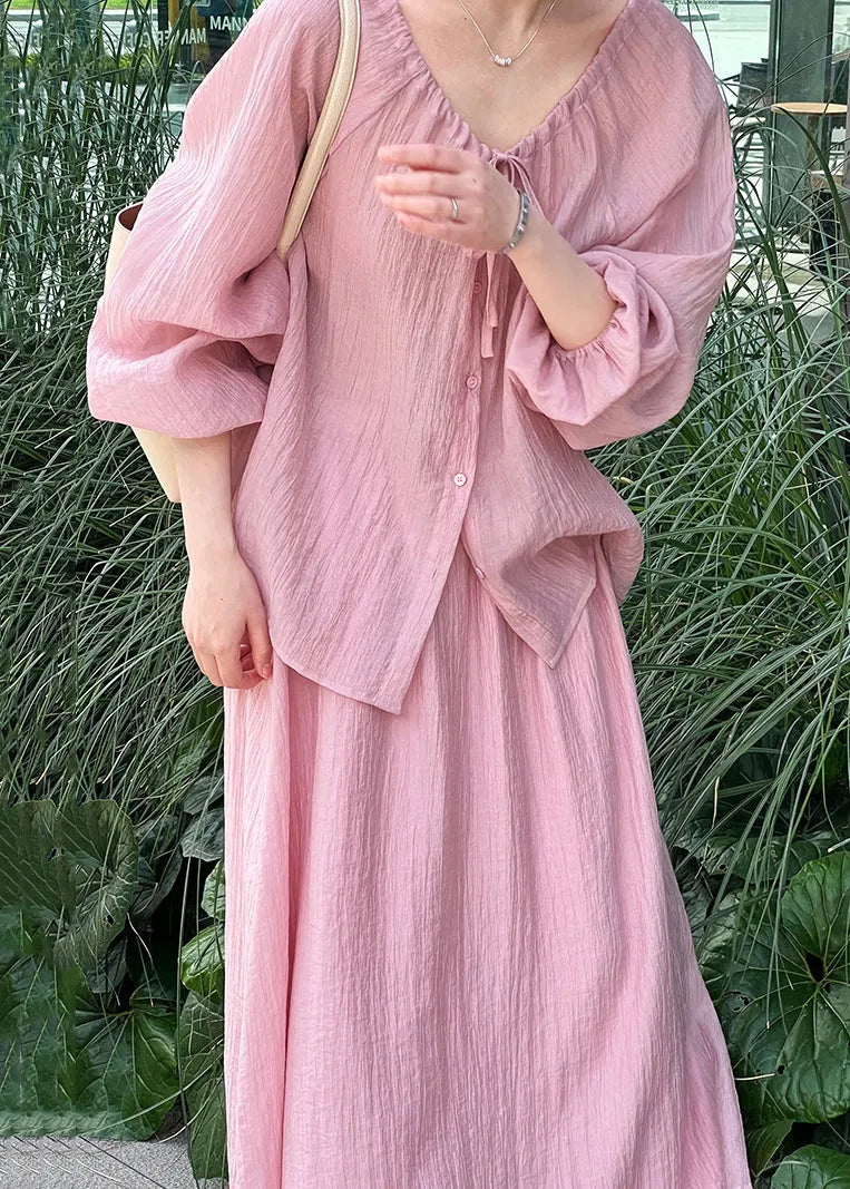 Pink Lace Up Shirt and Skirts Silk Fall Two Pieces Set Wrinkled