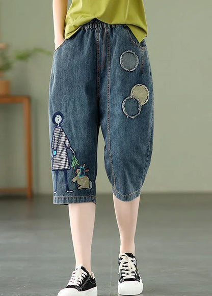 Blue Embroideried Print Elastic Waist Denim Crop Pants Summer