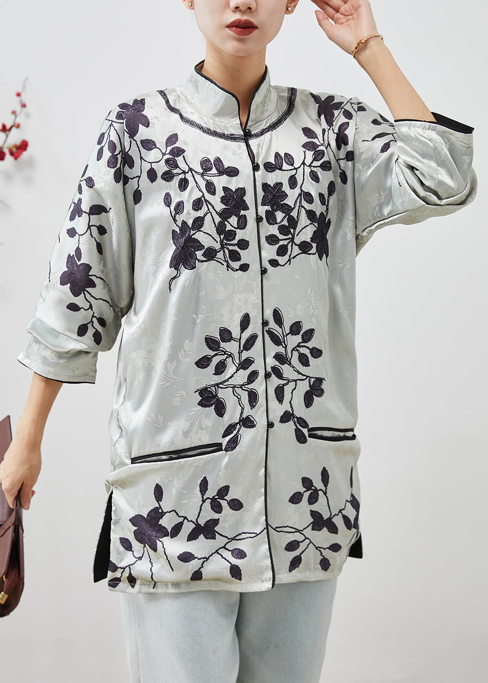 Grey Mandarin Collar Jacquard Silk Shirts Spring