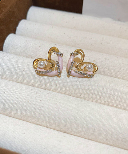 Colorblock Alloy Zircon Pearl Love Drip Glaze Stud Earrings