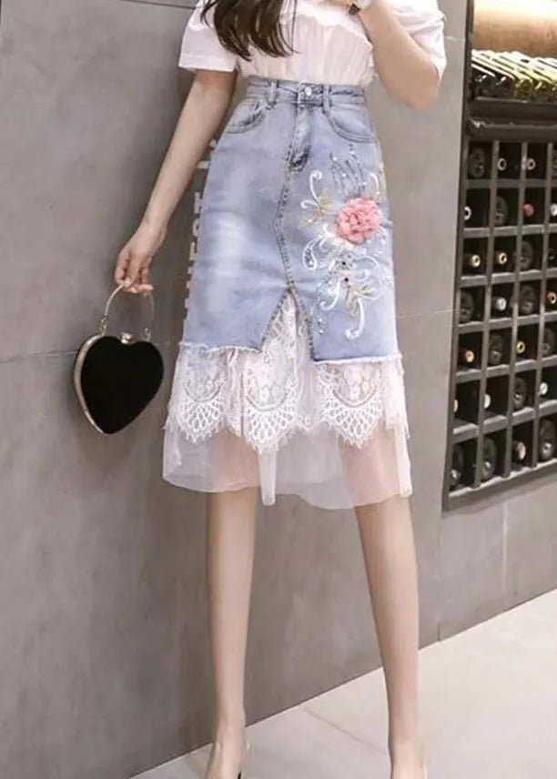 Blue Tulle Patchwork Button Denim Skirt