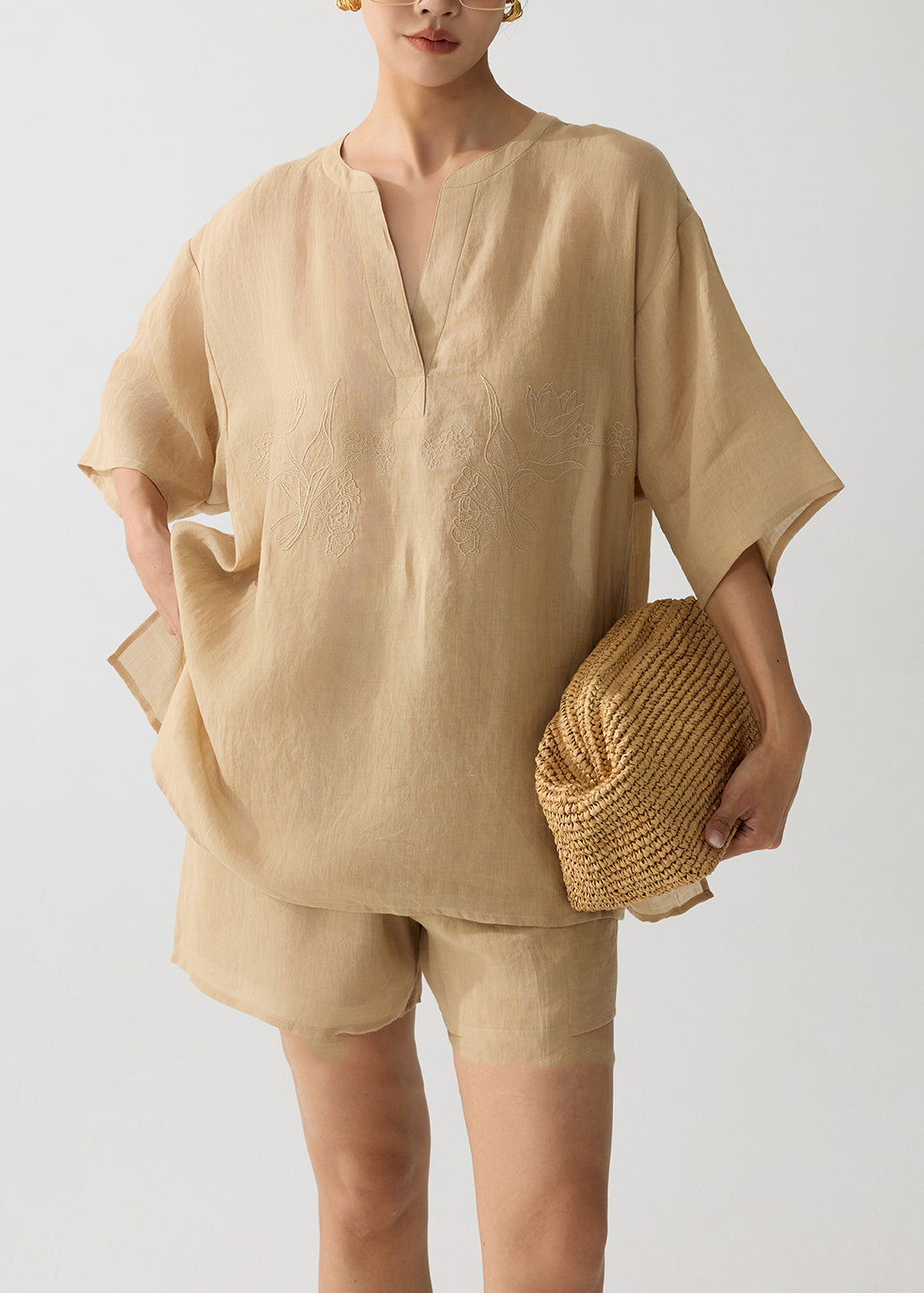 Coffee Embroidered Linen Two Pieces Set Summer