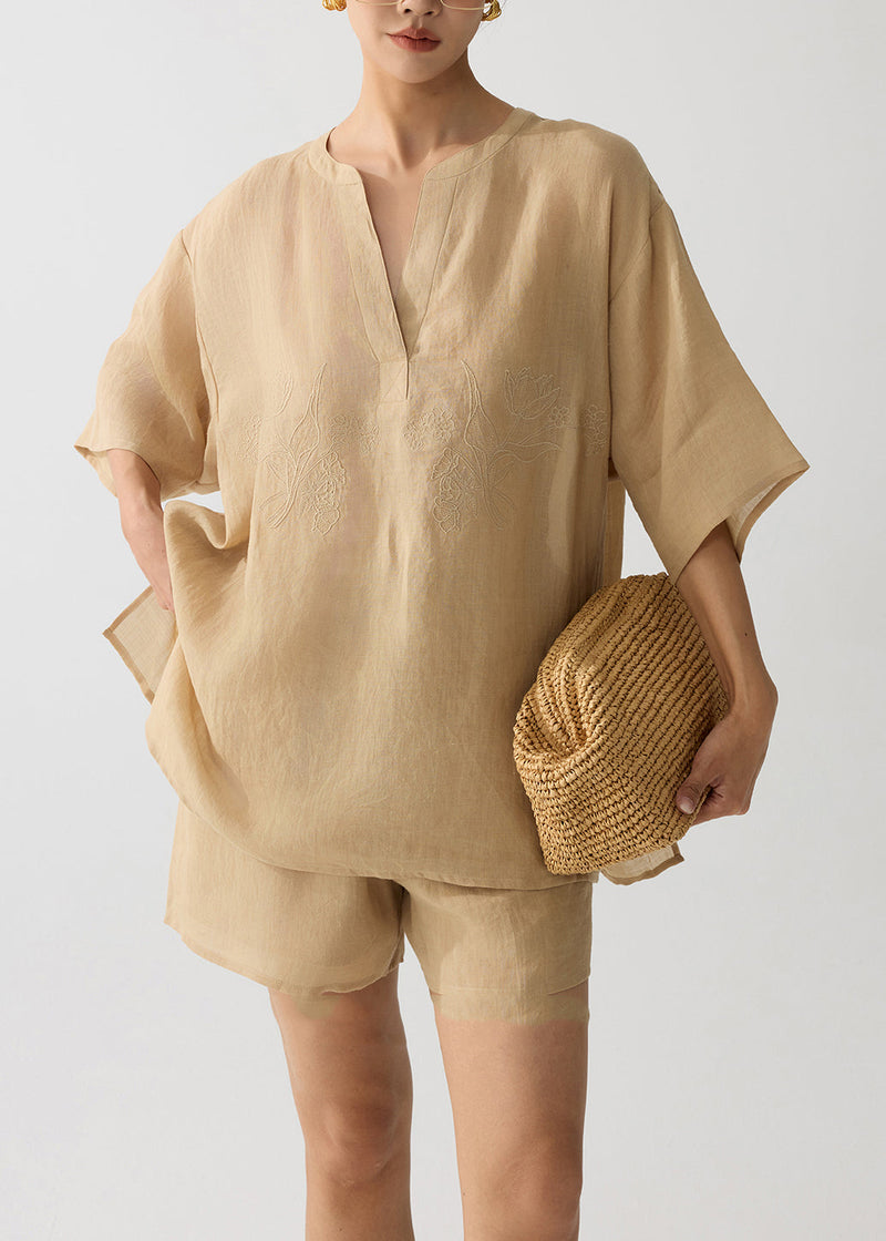 Coffee Embroidered Linen Two Pieces Set Summer