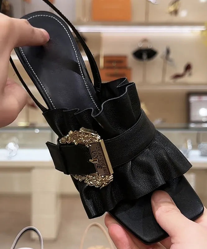 French Chunky Heel Sandals Peep Toe Black Cowhide Leather