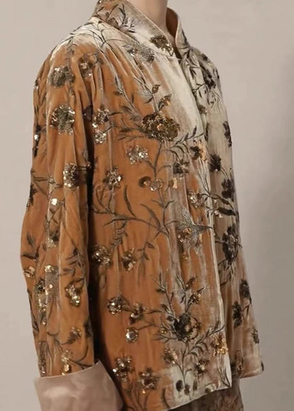 Chinese Style Brown Print Sequins Silk Velour Coat Spring