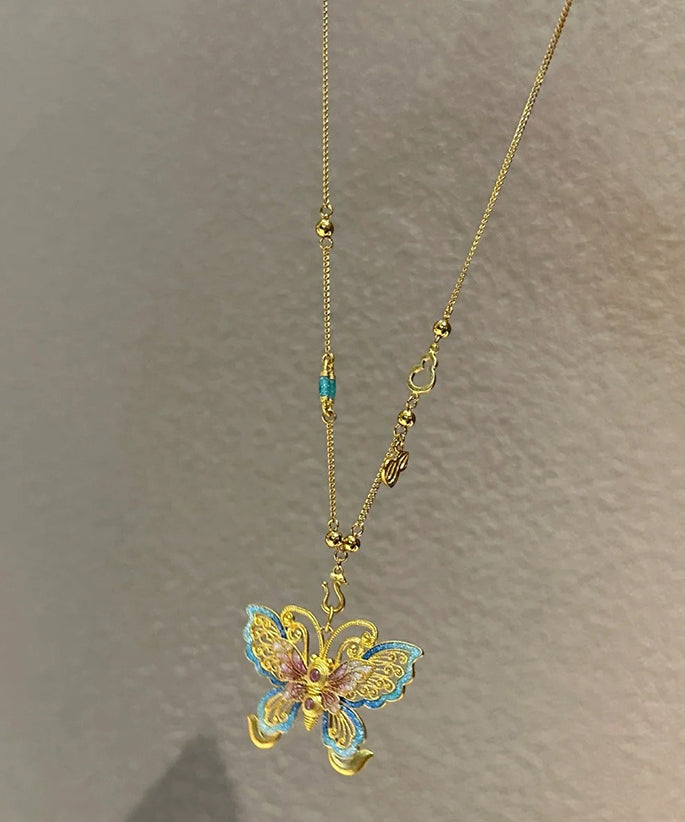 Gold Sterling Silver Overgild Butterfly Hollow Out Pendant Necklace
