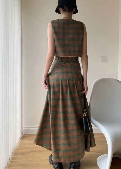Italian Green Plaid Tops and Pleated Skirts Cotton Two Pieces Set Sleeveless