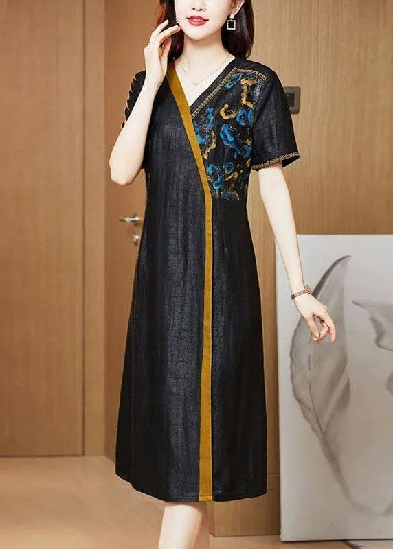 Black Embroideried Patchwork Silk Holiday Dress Summer