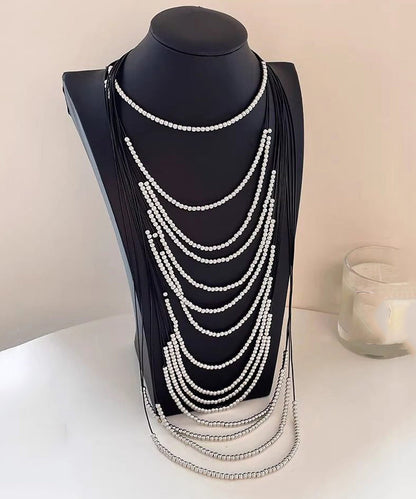 Silk Copper Leather Rope Patchwork Multi-layer Beading Tassel Gratuated Bead Necklace