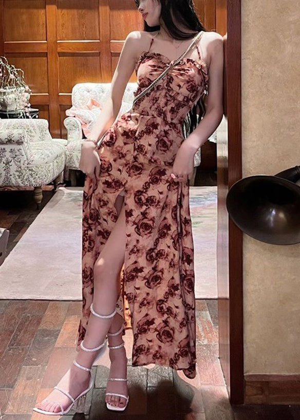 Red Ruffled Lace Up Print Cotton Long Dresses Sleeveless