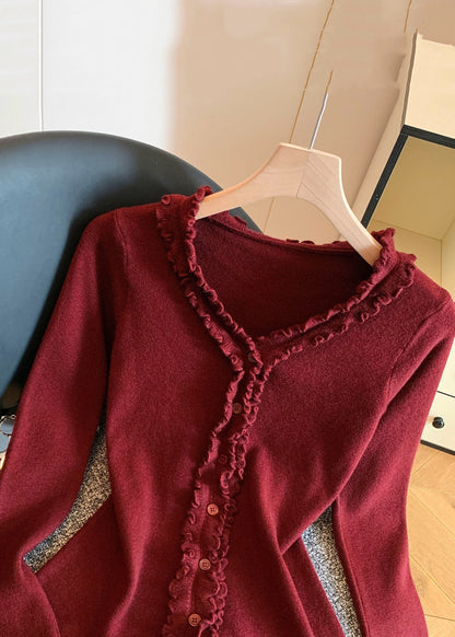 Simple Red V Neck Ruffled Knit Sweater Fall