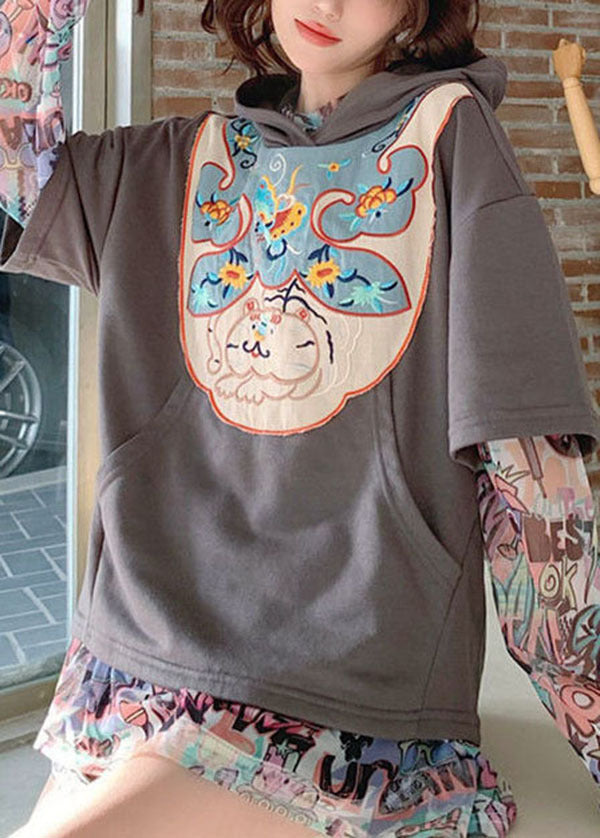 Art Grey Hooded Embroideried Print Cotton Two Piece Set Clothing