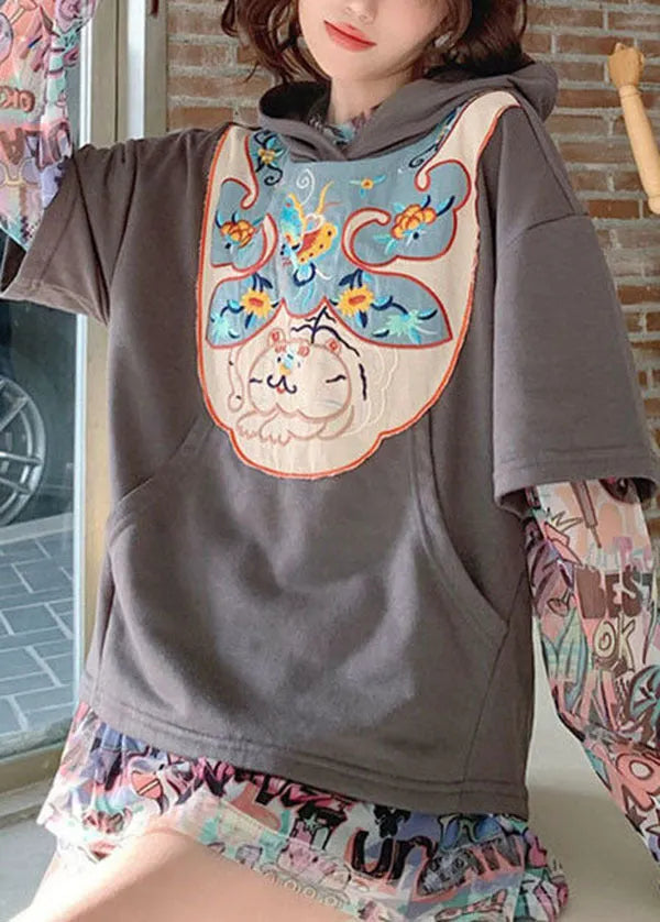 Art Grey Hooded Embroideried Print Cotton Two Piece Set Clothing