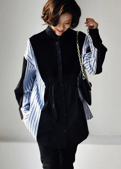 Black Peter Pan Collar Wrinkled Striped Patchwork Low High Design Button Cotton Shirt Long Sleeve