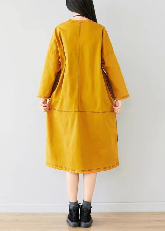 French Yellow U Neck Dress Character Print Spring Ankle Dress