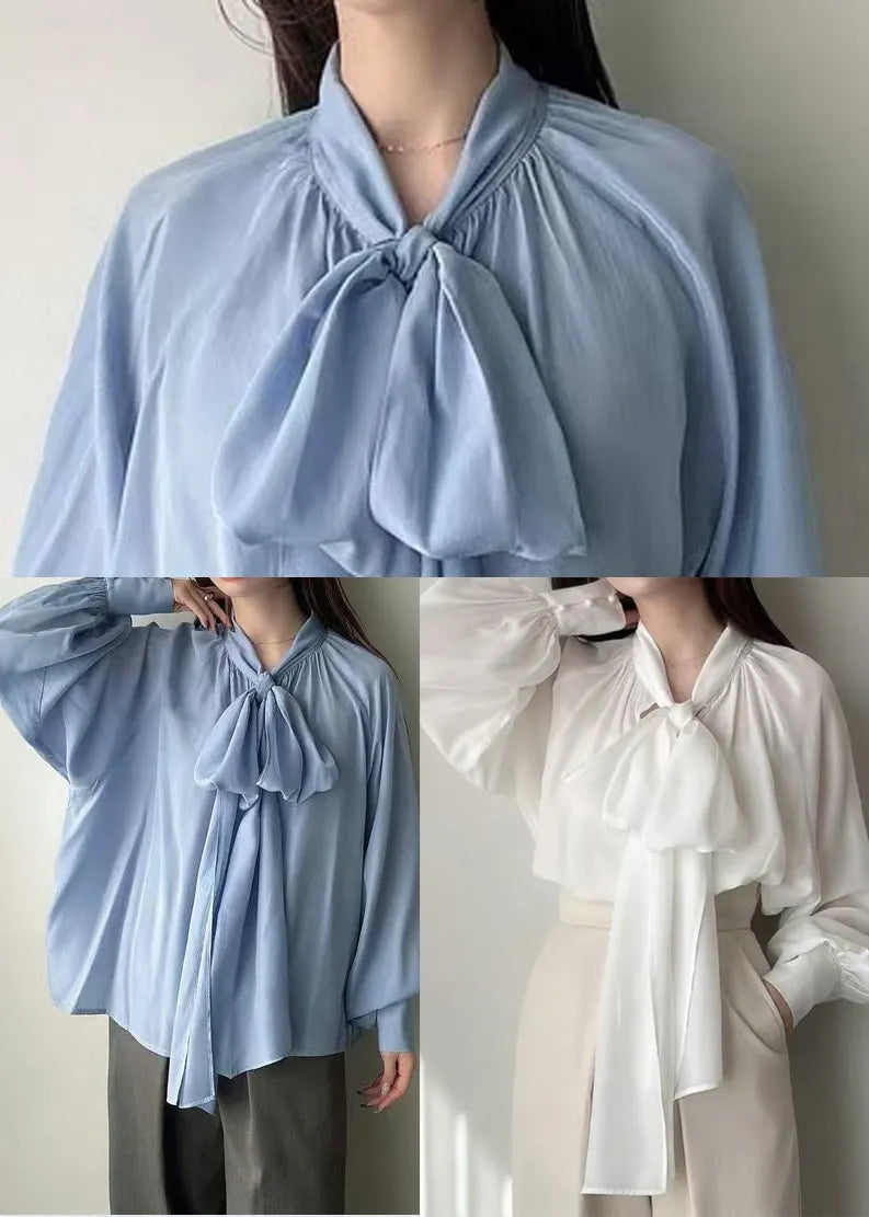 French White Neck Waist Silk Shirt Tops Lantern Sleeve