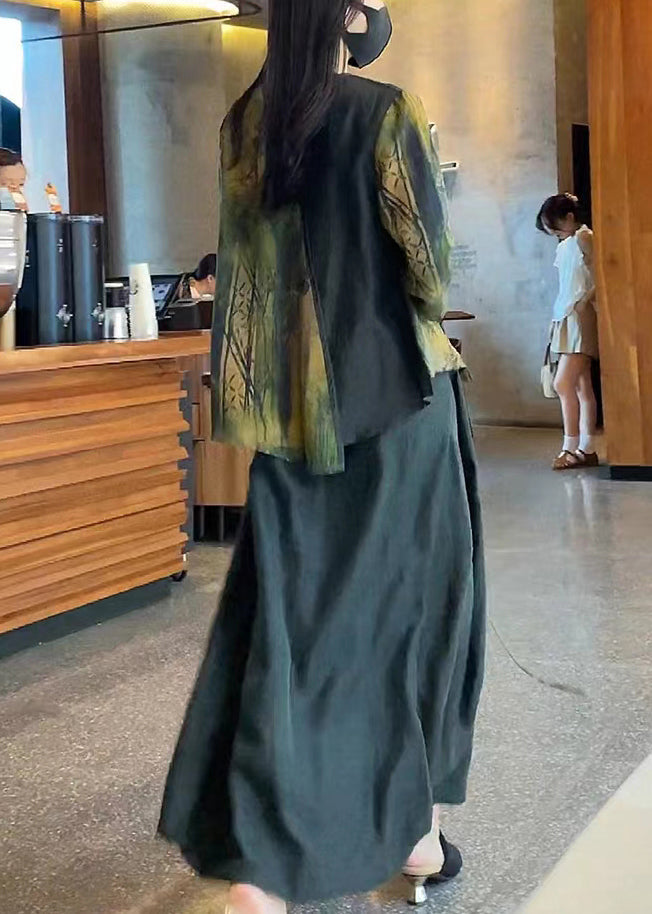 Blackish Green Asymmetrical Design Print Tops and Skirts Silk Two Pieces Set Summer