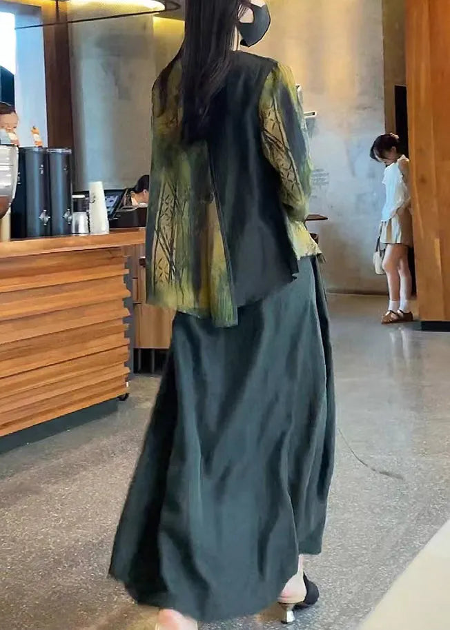 Blackish Green Asymmetrical Design Print Tops and Skirts Silk Two Pieces Set Summer