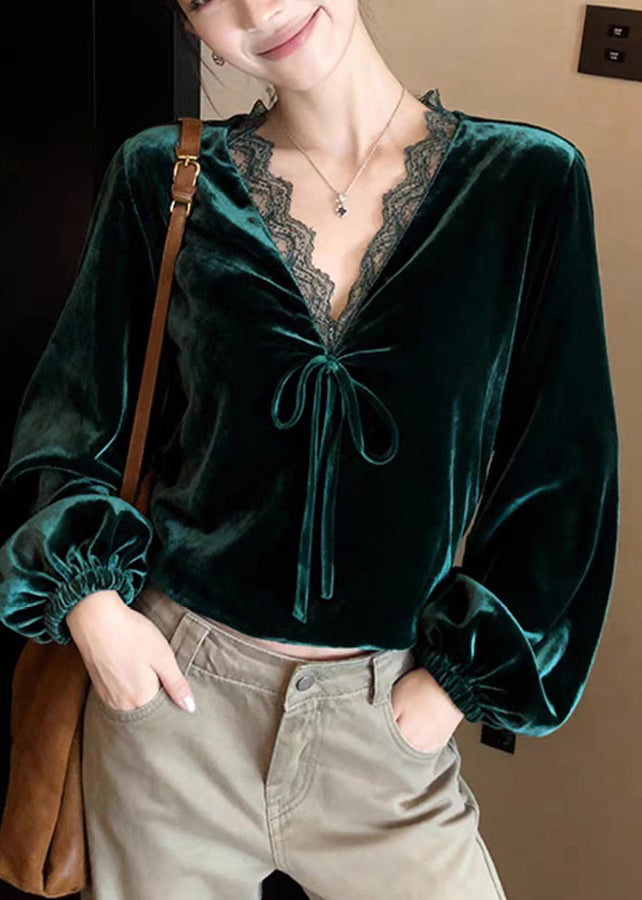 Peacock Green V Neck Lace Patchwork Silk Velvet Shirt Lantern Sleeve Spring