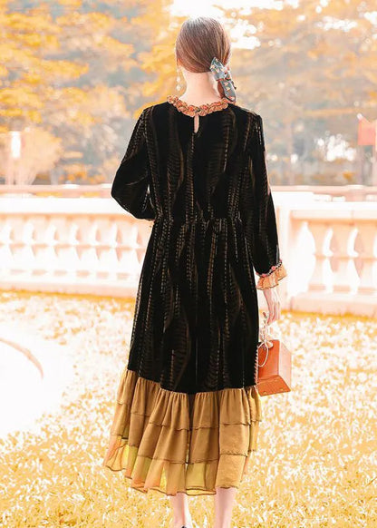 Brown Cinched Patchwork Ruffles Silk Velour Dress Spring