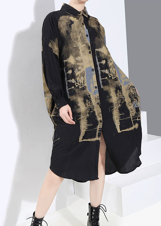 Handmade Black Low High Design Peter Pan Collar Print Shirt Dress Spring