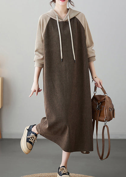 Oversized Coffee Patchwork Long Hooded Dresses Winter