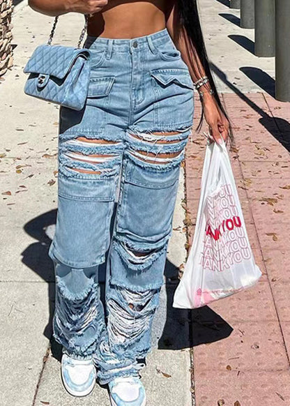 Blue Pockets Patchwork Ripped Jeans Summer