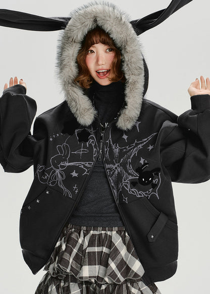 Dark Grey Fur Collar Patchwork Cotton Hooded Coat Spring