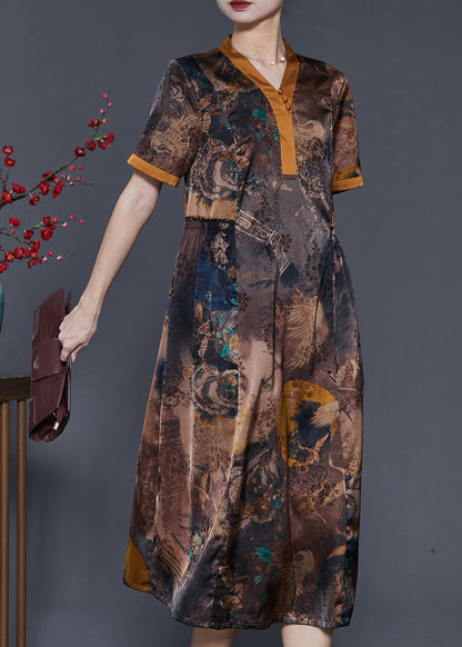 Brown Print Silm Fit Silk Long Dress Summer
