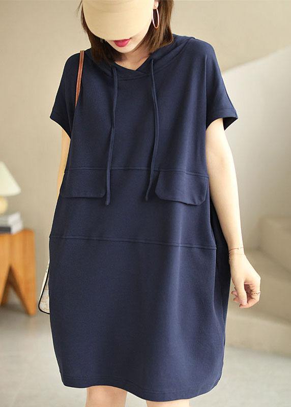 Navy Hooded Drawstring Patchwork Fall Short Sleeve Dress