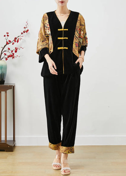 Diy Black Oversized Patchwork Chinese Button Silk Velour Two-piece Set Fall