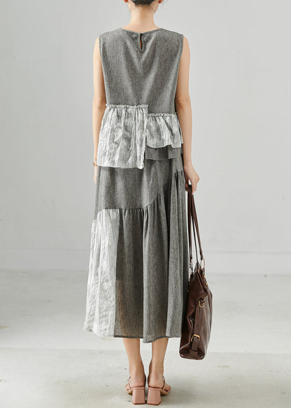 Grey Asymmetrical Patchwork Linen Two Piece Set Clothing Sleeveless